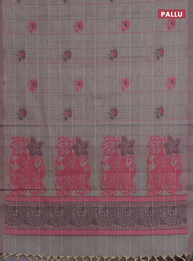 Nithyam cotton saree grey and sandal with allover thread woven stripes pattern & floral buttas and simple border