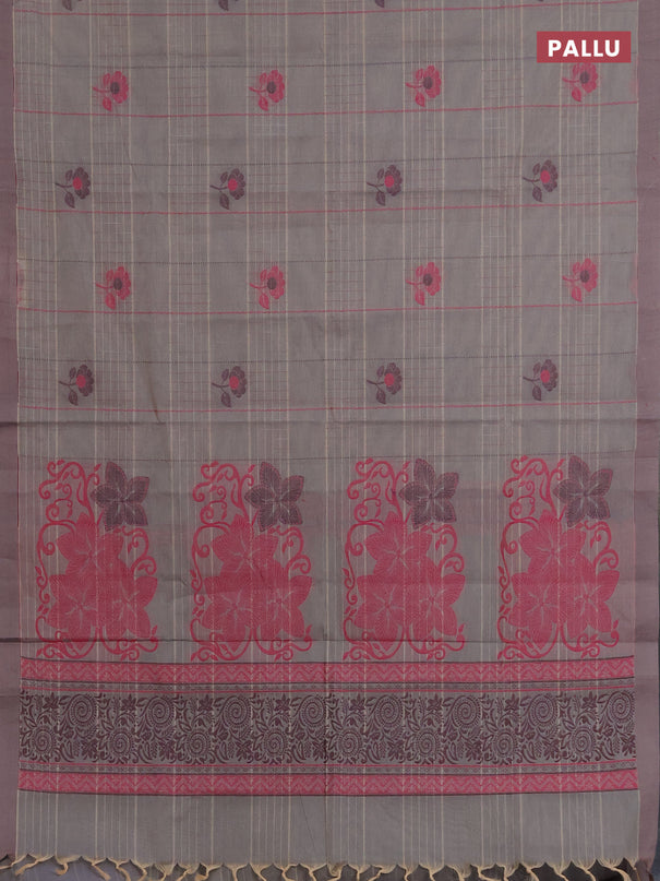 Nithyam cotton saree grey and sandal with allover thread woven stripes pattern & floral buttas and simple border