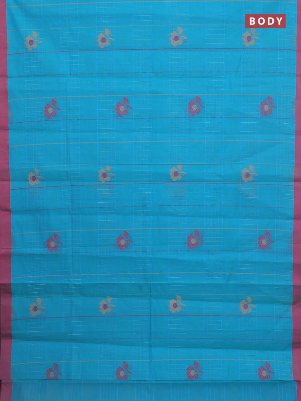 Nithyam cotton saree teal blue and pink with allover thread woven stripes pattern & floral buttas and simple border