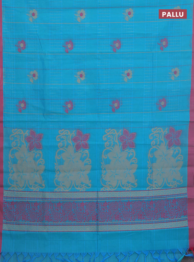 Nithyam cotton saree teal blue and pink with allover thread woven stripes pattern & floral buttas and simple border