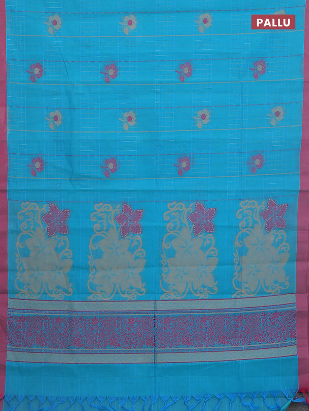 Nithyam cotton saree teal blue and pink with allover thread woven stripes pattern & floral buttas and simple border