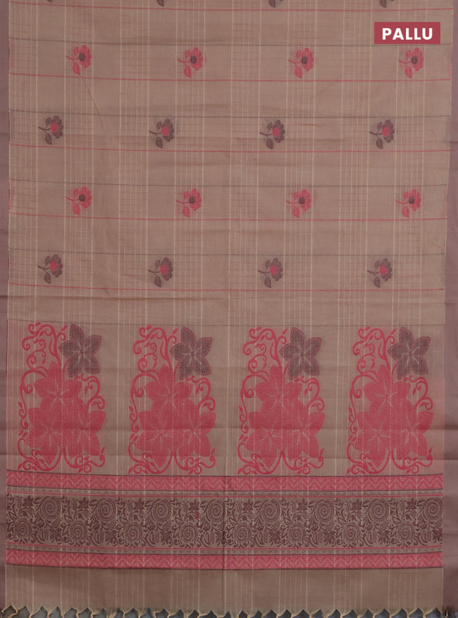 Nithyam cotton saree sandal with allover thread woven stripes pattern & floral buttas and simple border