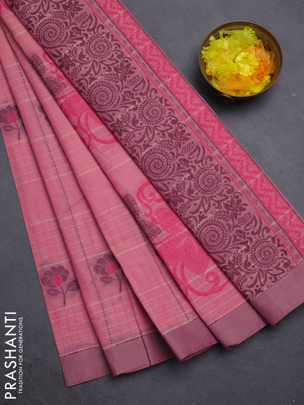 Nithyam cotton saree pink and sandal with allover thread woven stripes pattern & floral buttas and simple border