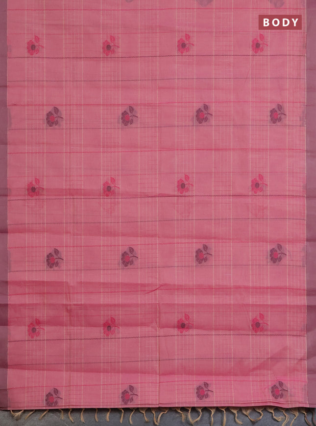 Nithyam cotton saree pink and sandal with allover thread woven stripes pattern & floral buttas and simple border