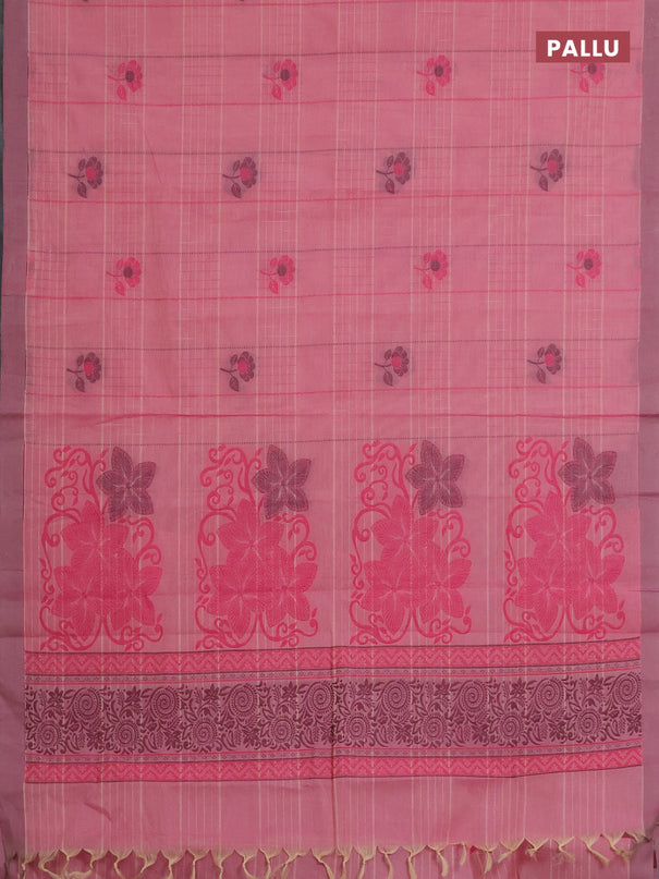 Nithyam cotton saree pink and sandal with allover thread woven stripes pattern & floral buttas and simple border