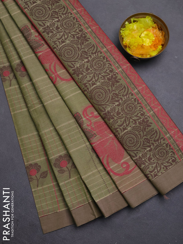 Nithyam cotton saree elaichi green and sandal with allover thread woven stripes pattern & floral buttas and simple border
