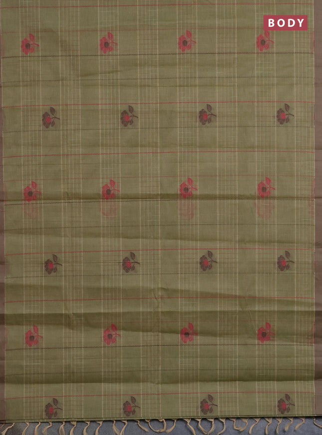 Nithyam cotton saree elaichi green and sandal with allover thread woven stripes pattern & floral buttas and simple border