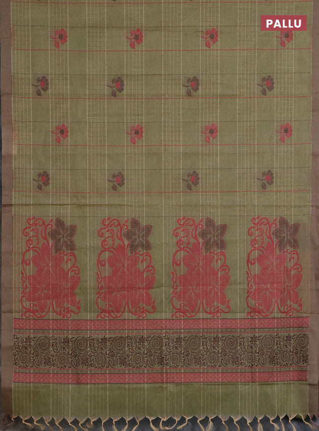 Nithyam cotton saree elaichi green and sandal with allover thread woven stripes pattern & floral buttas and simple border