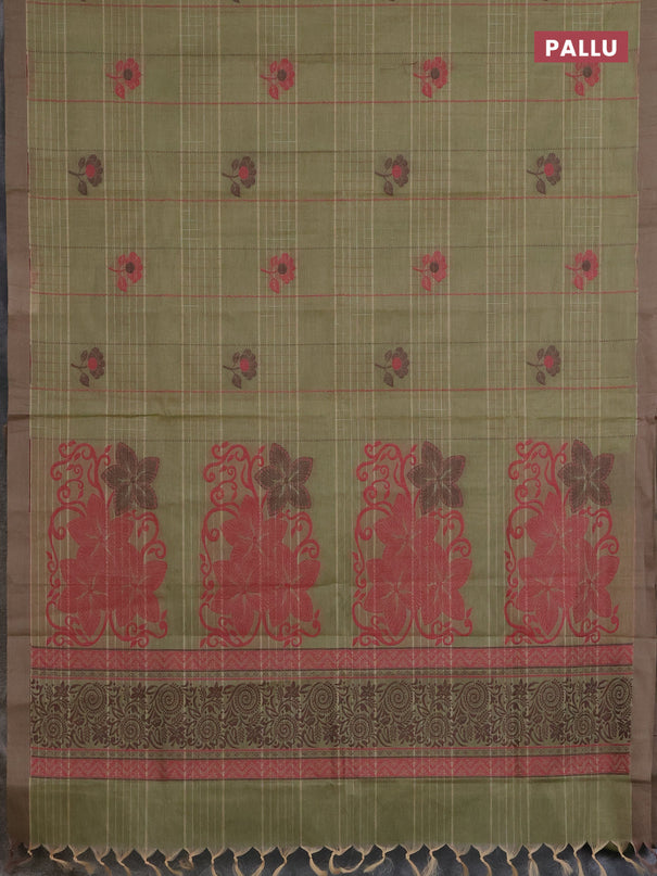 Nithyam cotton saree elaichi green and sandal with allover thread woven stripes pattern & floral buttas and simple border