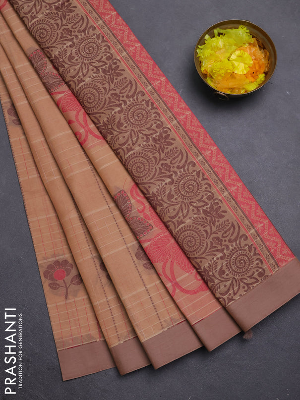 Nithyam cotton saree peach shade and sandal with allover thread woven stripes pattern & floral buttas and simple border