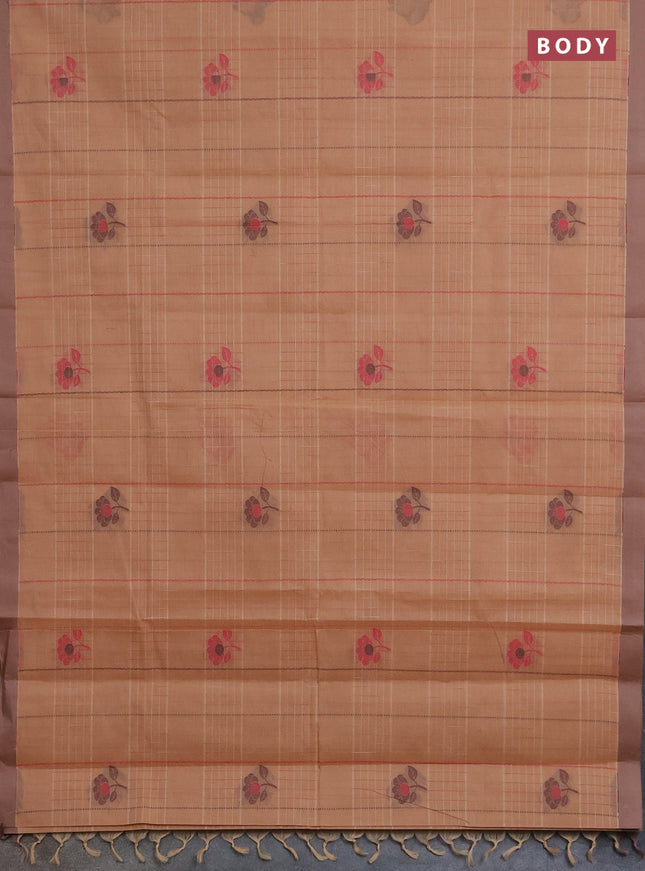 Nithyam cotton saree peach shade and sandal with allover thread woven stripes pattern & floral buttas and simple border