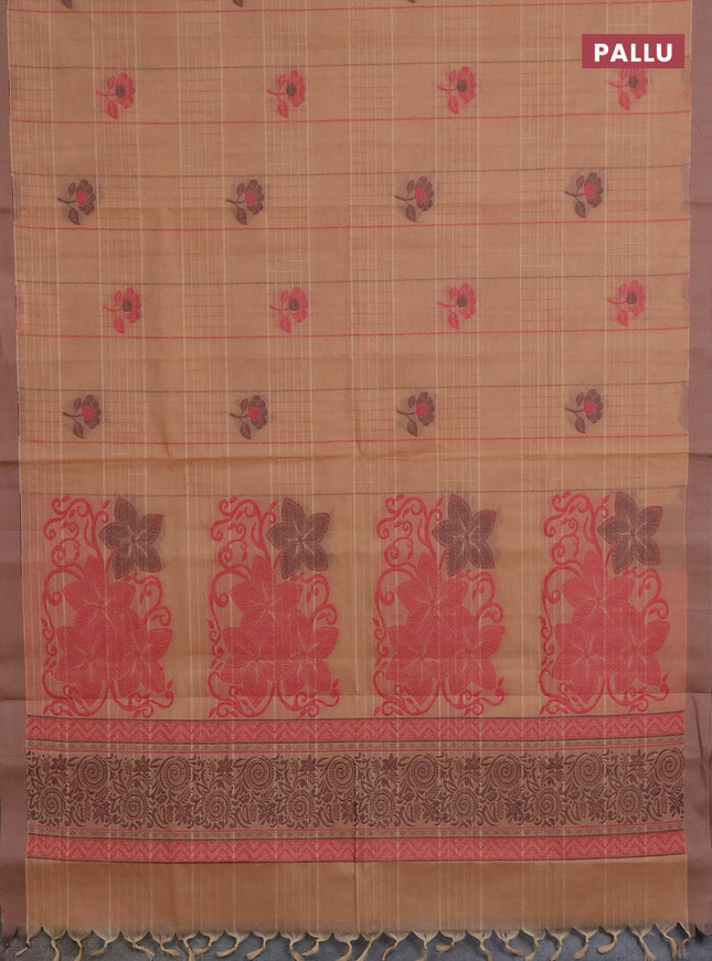 Nithyam cotton saree peach shade and sandal with allover thread woven stripes pattern & floral buttas and simple border