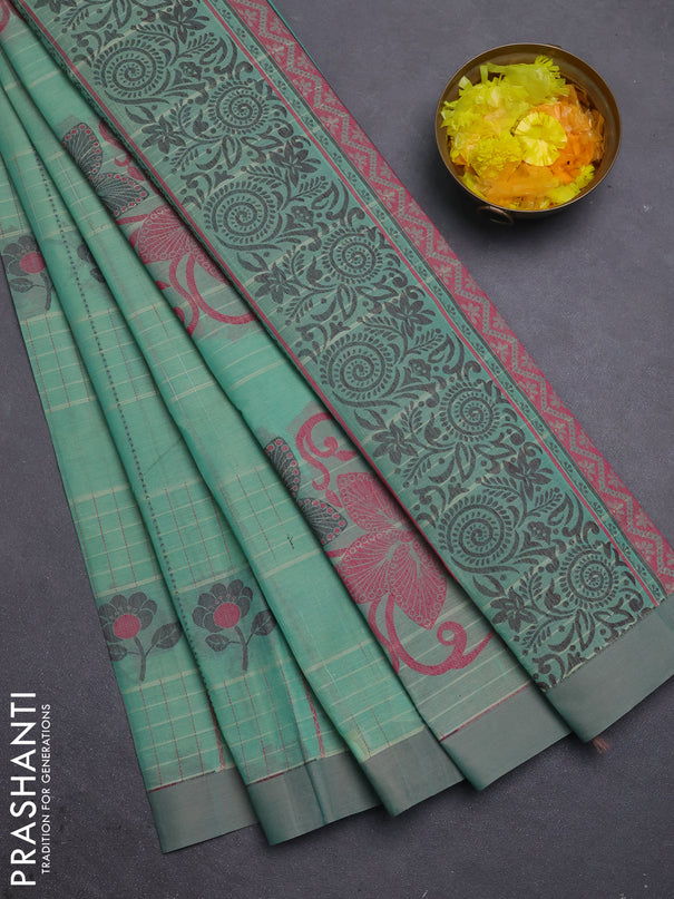 Nithyam cotton saree teal green and sandal with allover thread woven stripes pattern & floral buttas and simple border