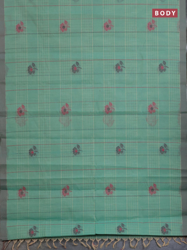 Nithyam cotton saree teal green and sandal with allover thread woven stripes pattern & floral buttas and simple border