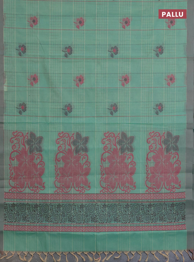 Nithyam cotton saree teal green and sandal with allover thread woven stripes pattern & floral buttas and simple border