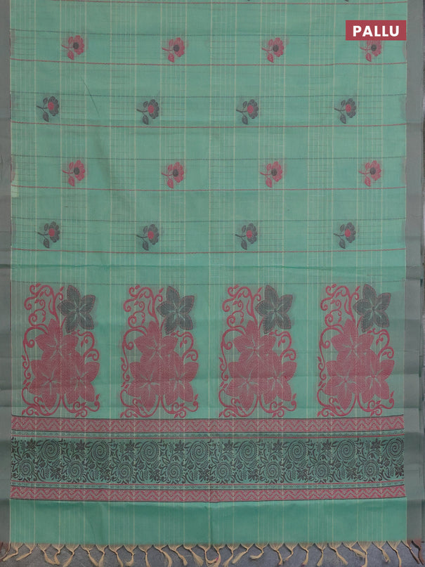 Nithyam cotton saree teal green and sandal with allover thread woven stripes pattern & floral buttas and simple border
