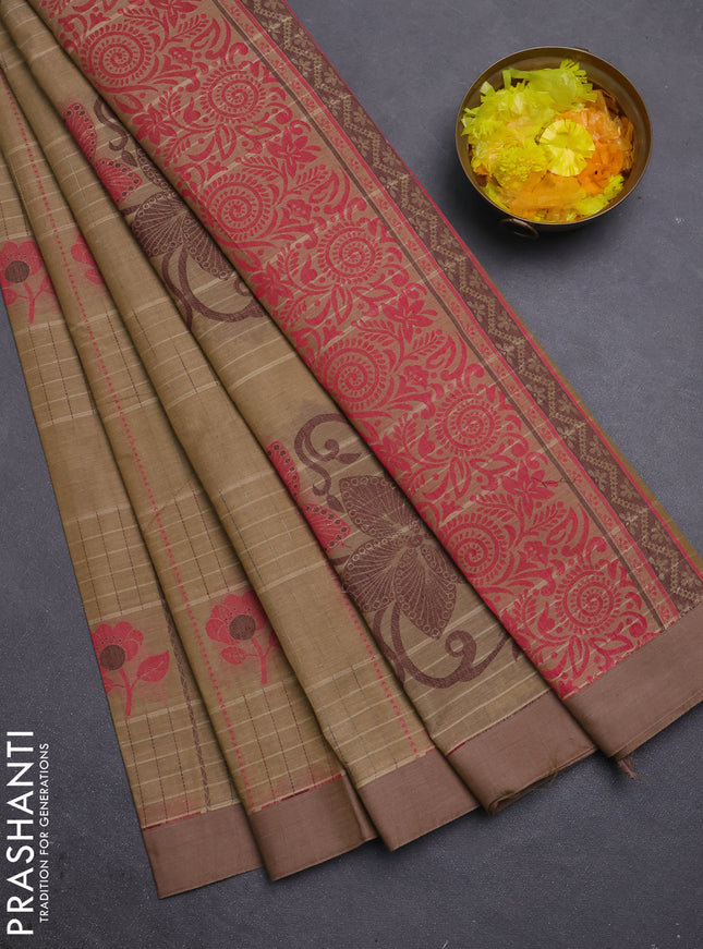 Nithyam cotton saree beige and sandal with allover thread woven stripes pattern & floral buttas and simple border