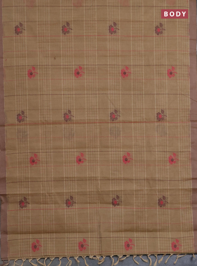Nithyam cotton saree beige and sandal with allover thread woven stripes pattern & floral buttas and simple border
