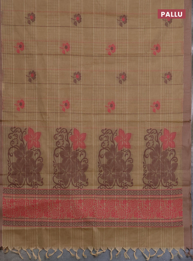 Nithyam cotton saree beige and sandal with allover thread woven stripes pattern & floral buttas and simple border