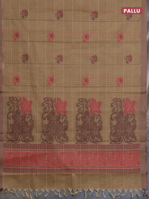 Nithyam cotton saree beige and sandal with allover thread woven stripes pattern & floral buttas and simple border