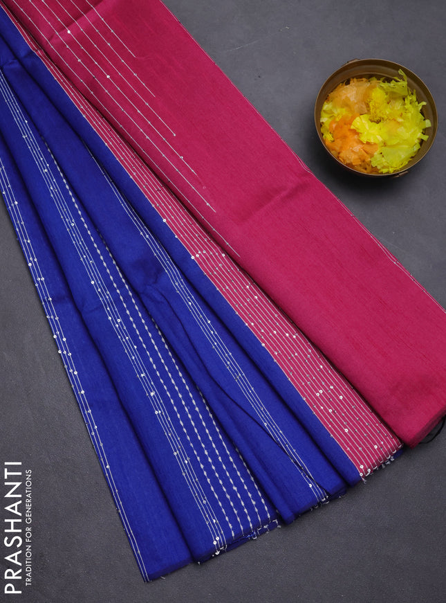 Semi dupion saree blue and pink with allover sequin work in borderless style