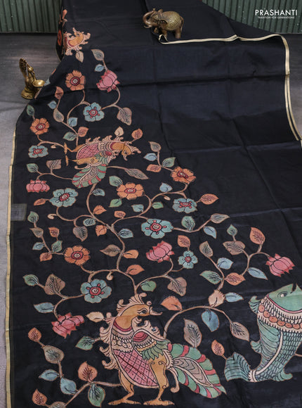 Kota saree black with kalamkari applique work and zari woven piping border