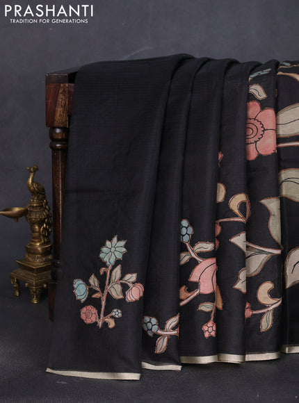 Kota saree black with kalamkari applique work and zari woven piping border