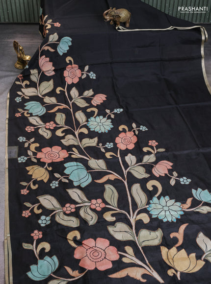 Kota saree black with kalamkari applique work and zari woven piping border