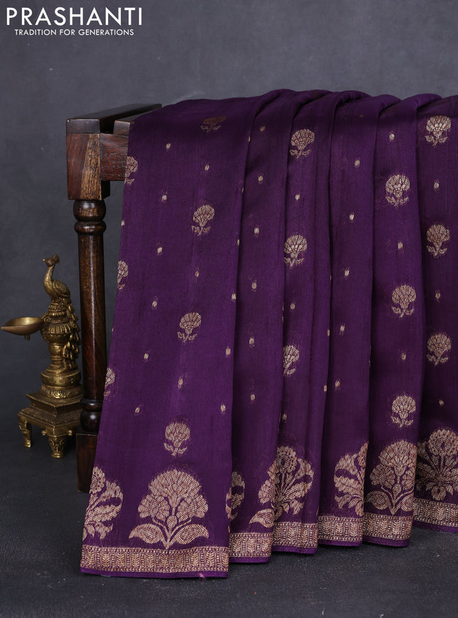 Banarasi raw silk saree deep violet with thread & zari woven buttas and floral design woven border