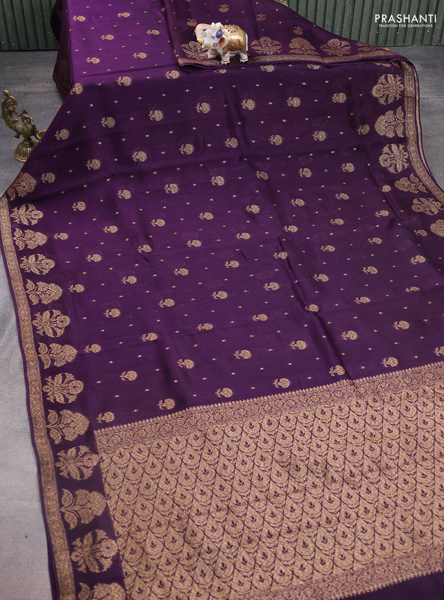 Banarasi raw silk saree deep violet with thread & zari woven buttas and floral design woven border