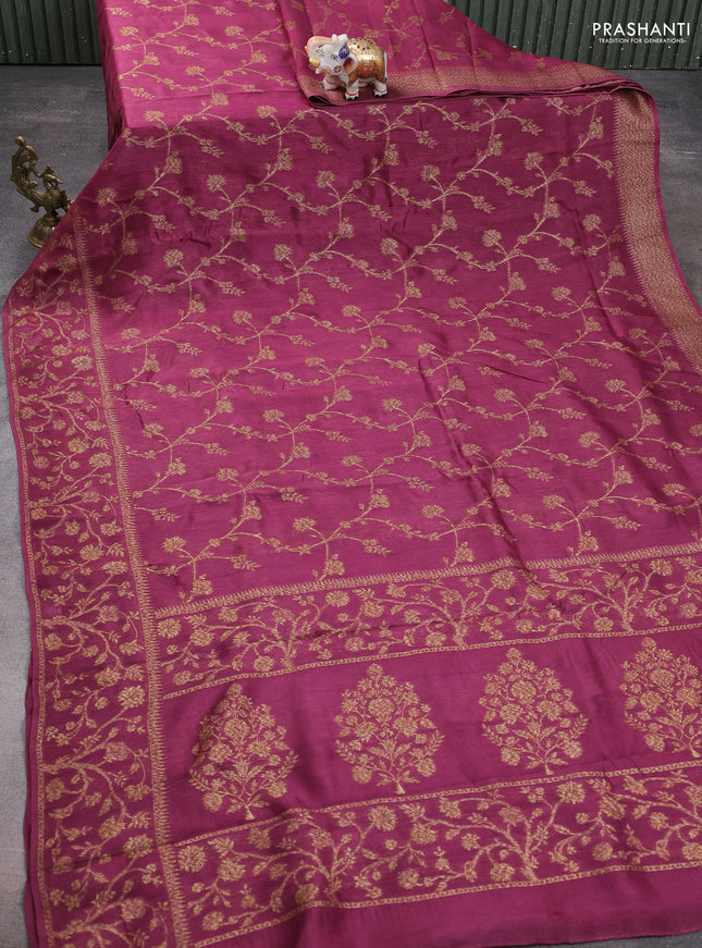 Banarasi raw silk saree wine shade with allover thread & zari weaves and long woven border