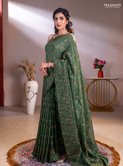 Banarasi raw silk saree green with allover thread & zari weaves and long woven border