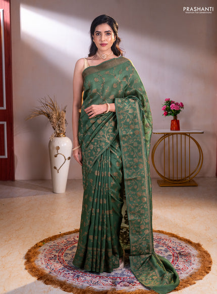 Banarasi raw silk saree green with allover thread & zari weaves and long woven border