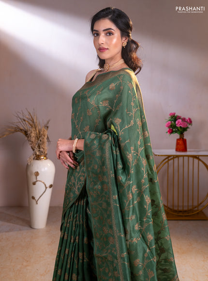 Banarasi raw silk saree green with allover thread & zari weaves and long woven border