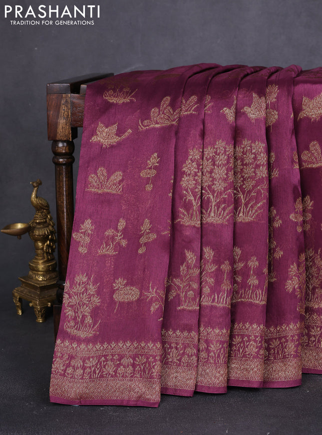Banarasi raw silk saree wine shade with allover thread & zari weaves and woven border