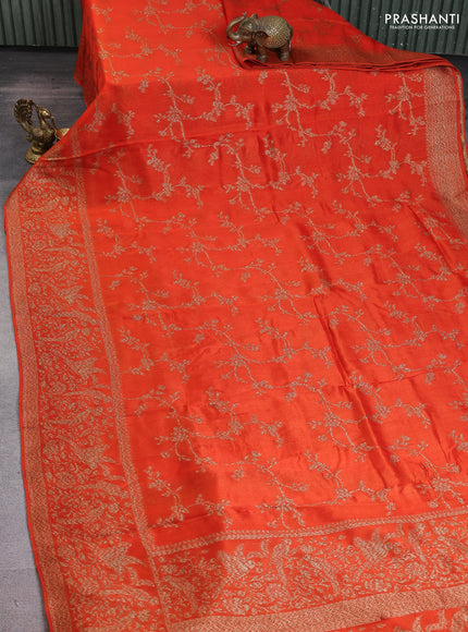 Banarasi raw silk saree orange with allover thread & zari weaves and long woven border