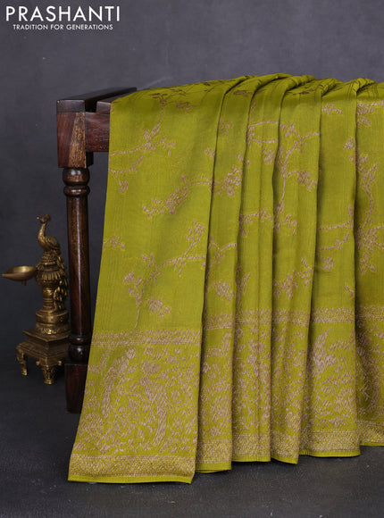 Banarasi raw silk saree mehendi green with allover thread & zari weaves and long woven border