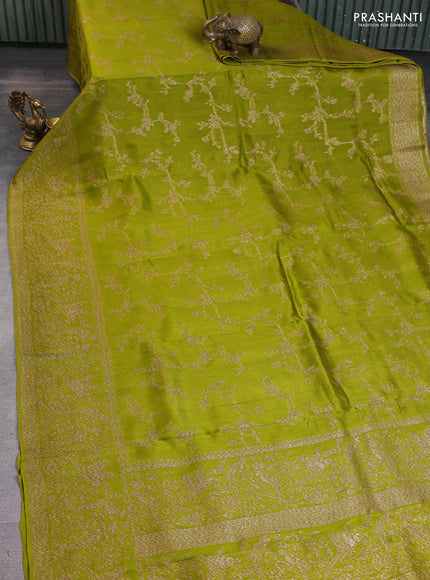 Banarasi raw silk saree mehendi green with allover thread & zari weaves and long woven border