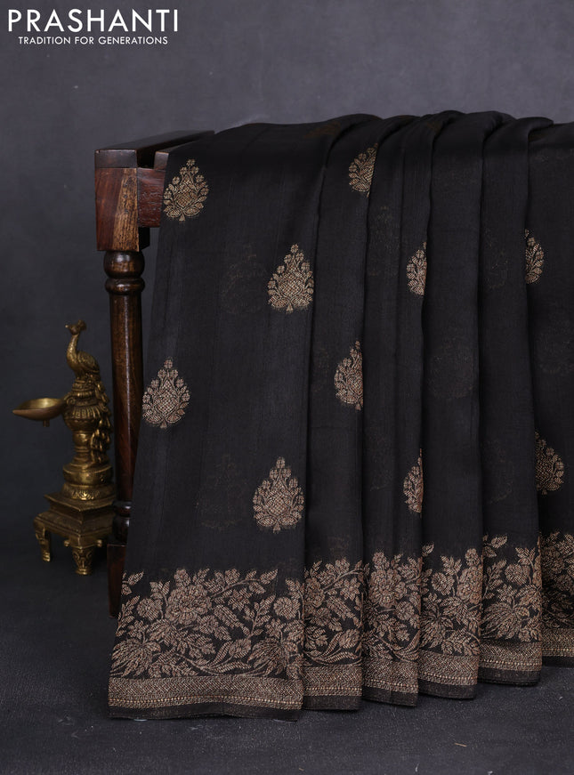 Banarasi raw silk saree black with thread & zari woven buttas and floral design woven border