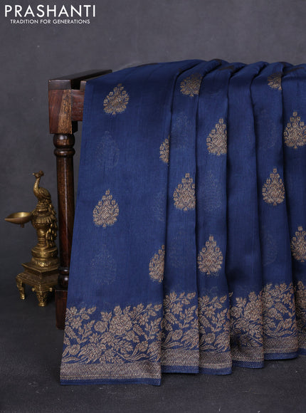 Banarasi raw silk saree peacock blue with thread & zari woven buttas and floral design woven border