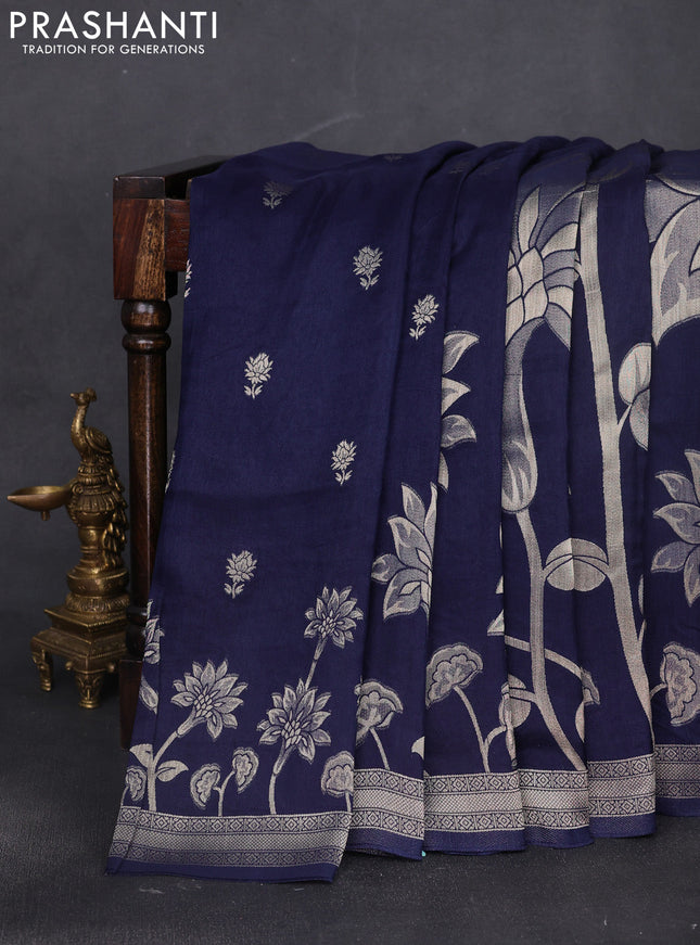 Banarasi art silk saree navy blue with allover floral zari woven brocade weaves and zari woven border