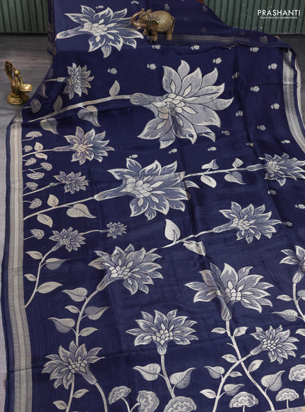 Banarasi art silk saree navy blue with allover floral zari woven brocade weaves and zari woven border