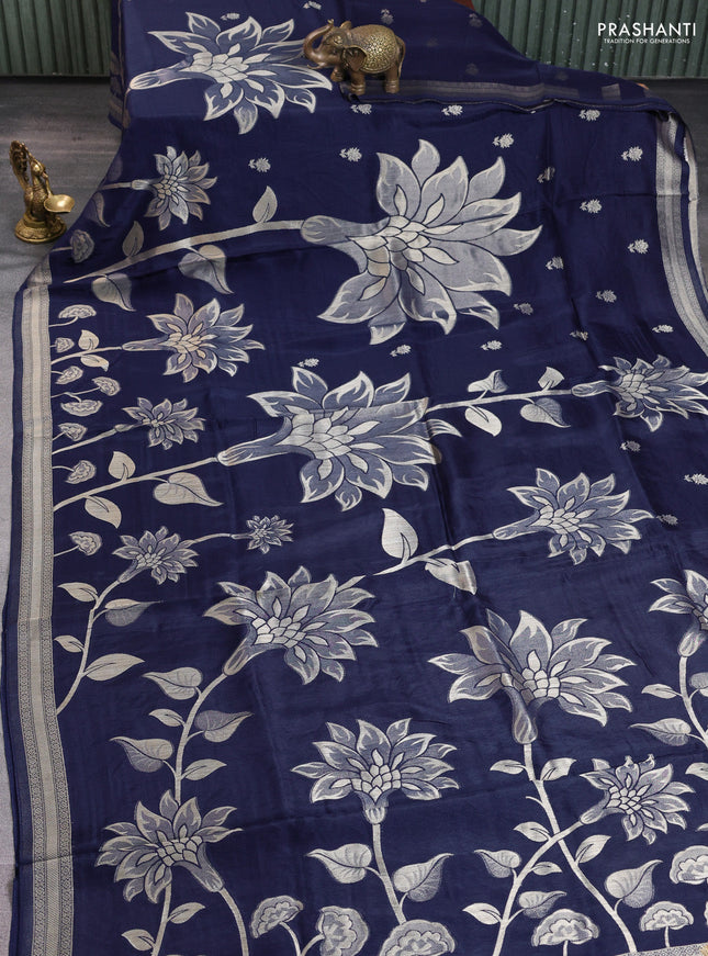 Banarasi art silk saree navy blue with allover floral zari woven brocade weaves and zari woven border