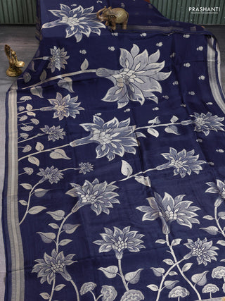 Banarasi art silk saree navy blue with allover floral zari woven brocade weaves and zari woven border