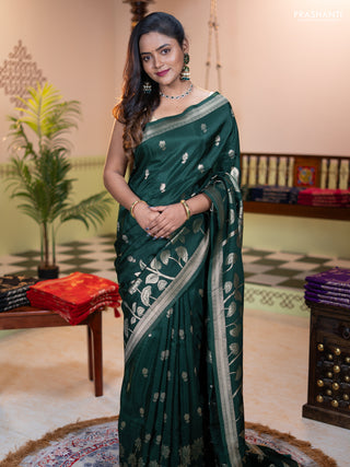 Banarasi art silk saree green with allover floral zari woven brocade weaves and zari woven border