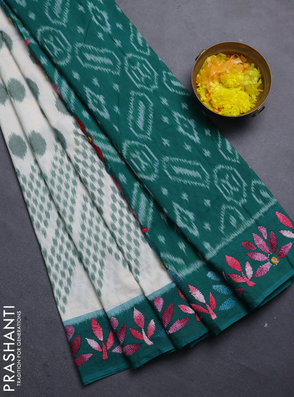 Ikat cotton saree off white and teal green with allover ikat woven buttas and kantha stitch work pallu