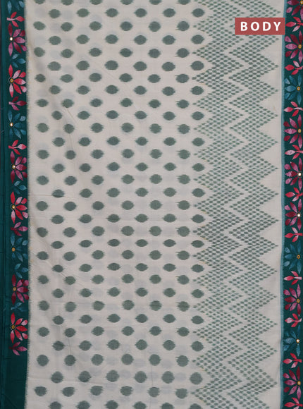 Ikat cotton saree off white and teal green with allover ikat woven buttas and kantha stitch work pallu