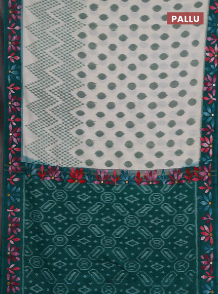 Ikat cotton saree off white and teal green with allover ikat woven buttas and kantha stitch work pallu