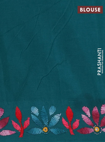Ikat cotton saree off white and teal green with allover ikat woven buttas and kantha stitch work pallu