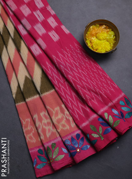 Ikat cotton saree sandal and pink with allover zigzag ikat weaves and kantha stitch work pallu